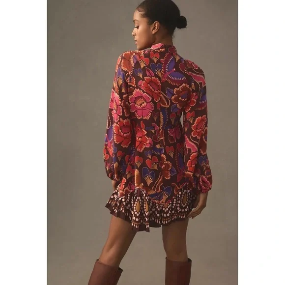 NEW Farm Rio Long Sleeve Mini Dress in Bright Flora Brown Size Large - Picture 2 of 16